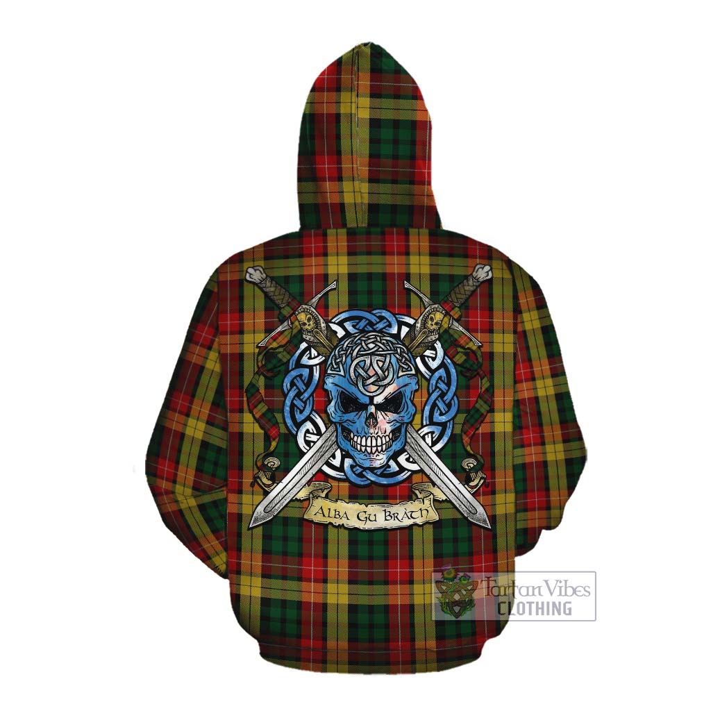 Tartan Vibes Clothing Buchanan Tartan Cotton Hoodie with Family Crest Celtic Skull Style