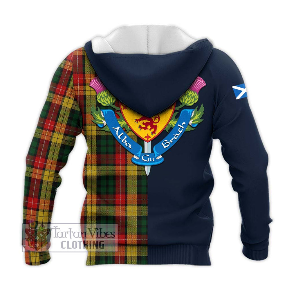 Tartan Vibes Clothing Buchanan Tartan Knitted Hoodie with Scottish Lion Royal Arm Half Style