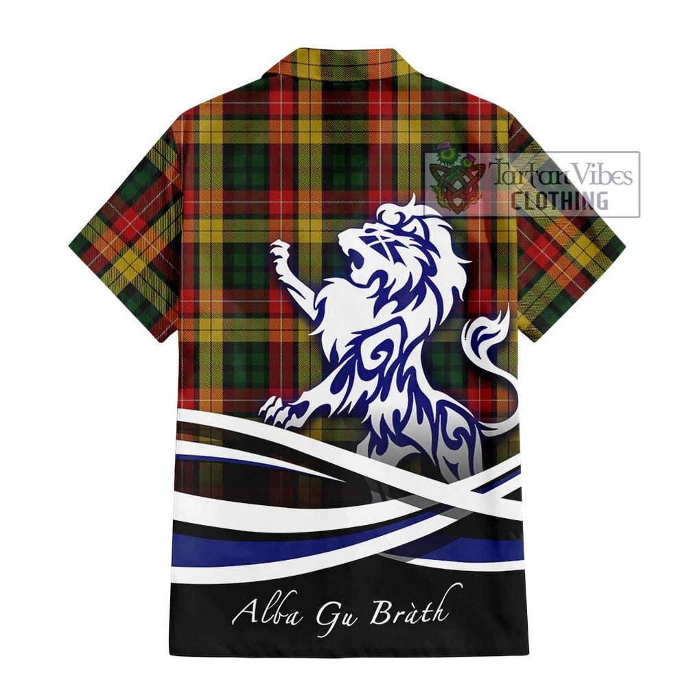 Buchanan Tartan Short Sleeve Button Shirt with Alba Gu Brath Regal Lion Emblem - Tartanvibesclothing Shop