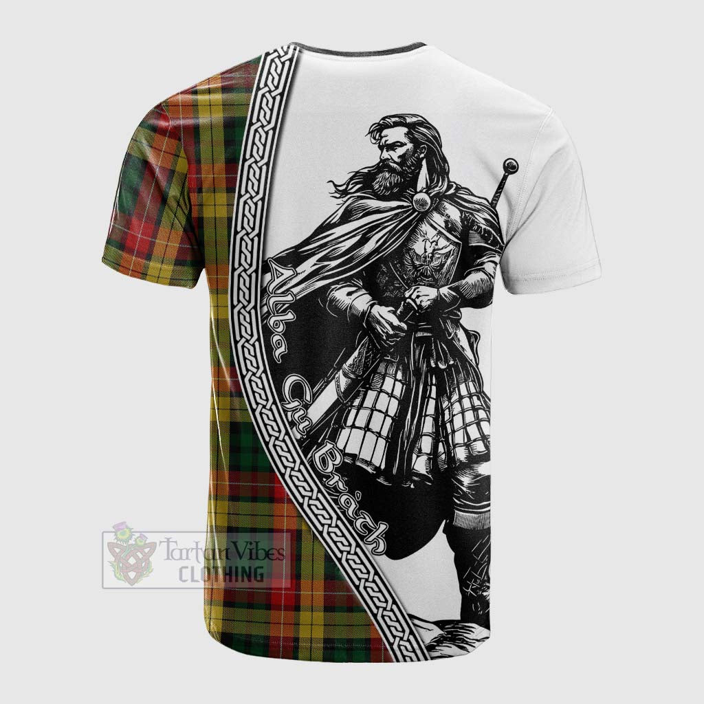 Tartan Vibes Clothing Buchanan Tartan Clan Crest Cotton T-shirt with Highlander Warrior Celtic Style