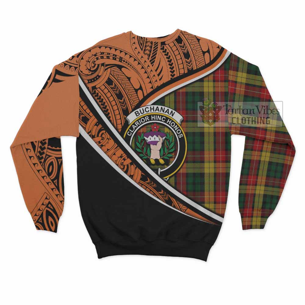 Tartan Vibes Clothing Buchanan Crest Tartan Sweatshirt with Maori Tattoo Style - Orange Version