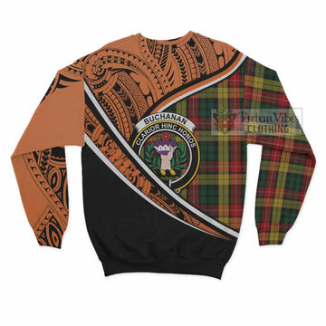 Buchanan Crest Tartan Sweatshirt with Polynesian Vibes Style - Orange Version