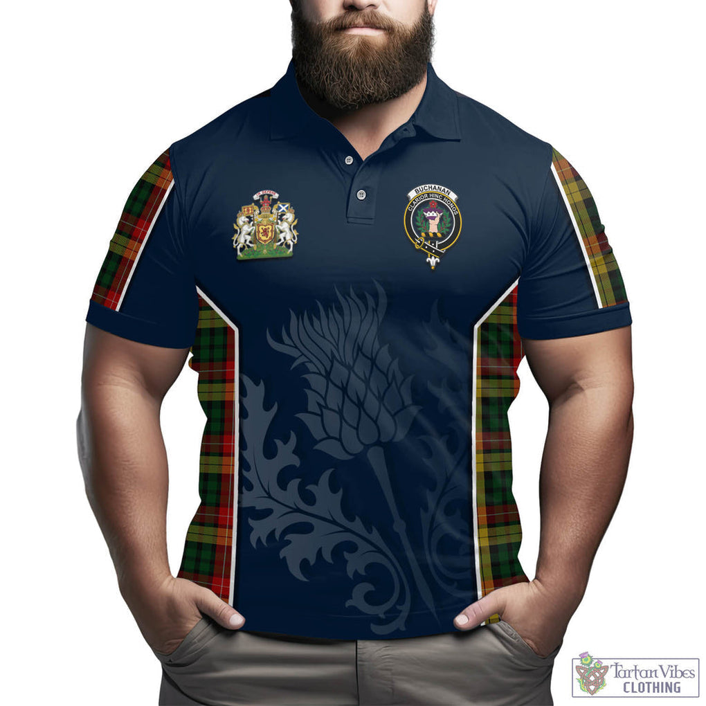 Tartan Vibes Clothing Buchanan Tartan Men's Polo Shirt with Family Crest and Scottish Thistle Vibes Sport Style