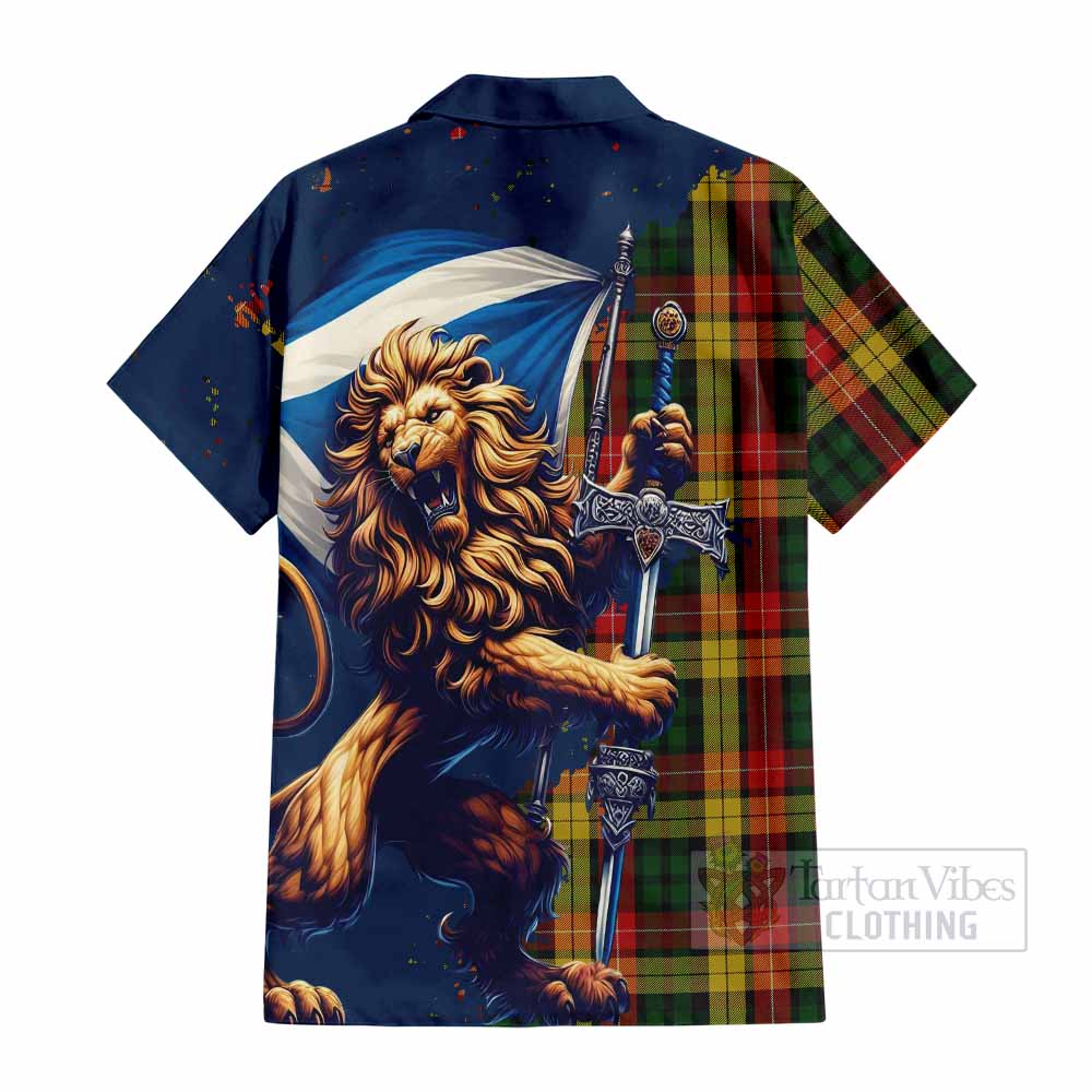 Tartan Vibes Clothing Buchanan Tartan Family Crest Short Sleeve Button Shirt with Scottish Majestic Lion