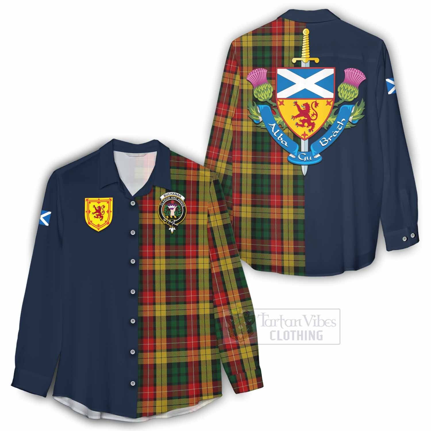 Tartan Vibes Clothing Buchanan Tartan Women's Casual Shirt Alba with Scottish Lion Royal Arm Half Style