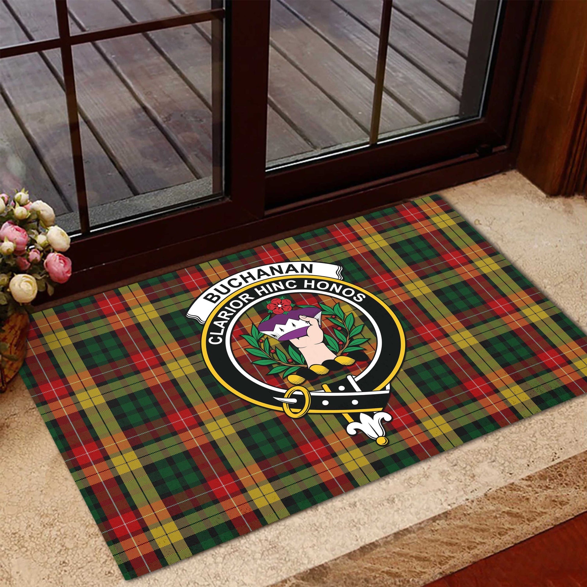 Buchanan Tartan Door Mat with Family Crest - Tartanvibesclothing