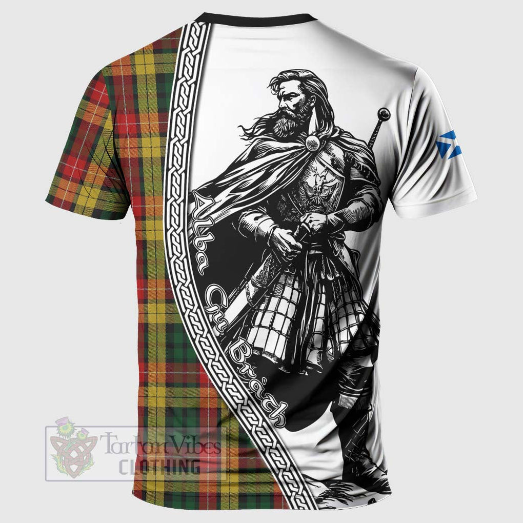 Tartan Vibes Clothing Buchanan Tartan Clan Crest T-Shirt with Highlander Warrior Celtic Style