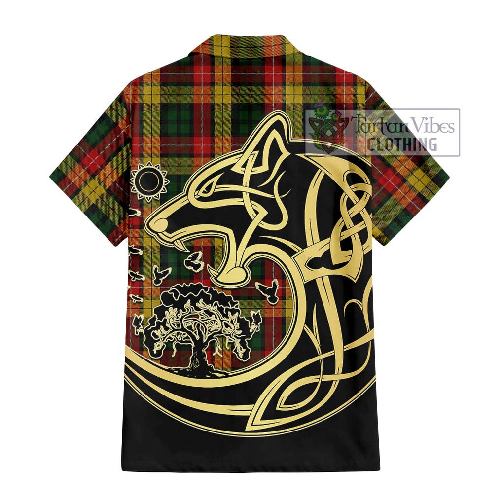 Buchanan Tartan Short Sleeve Button Shirt with Family Crest Celtic Wolf Style - Tartan Vibes Clothing