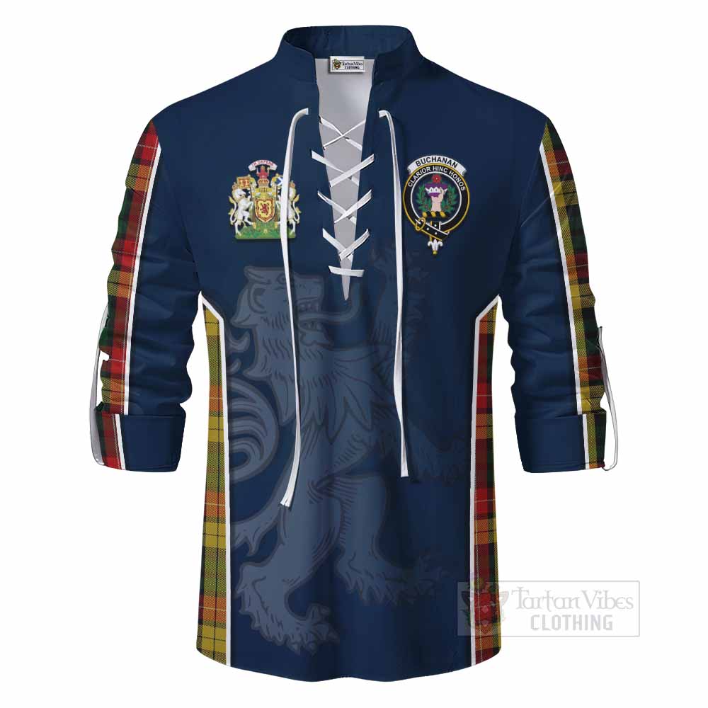 Tartan Vibes Clothing Buchanan Tartan Ghillie Kilt Shirt with Family Crest and Lion Rampant Vibes Sport Style