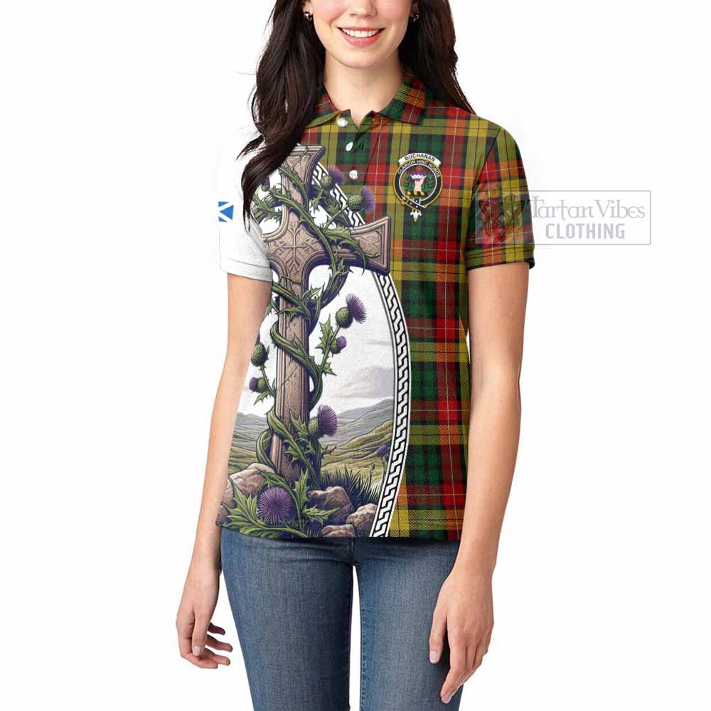 Tartan Vibes Clothing Buchanan Tartan Women's Polo Shirt with Family Crest and St. Andrew's Cross Accented by Thistle Vines