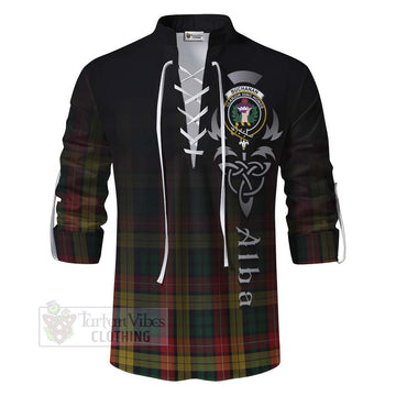 Buchanan Tartan Ghillie Kilt Shirt Featuring Alba Gu Brath Family Crest Celtic Inspired