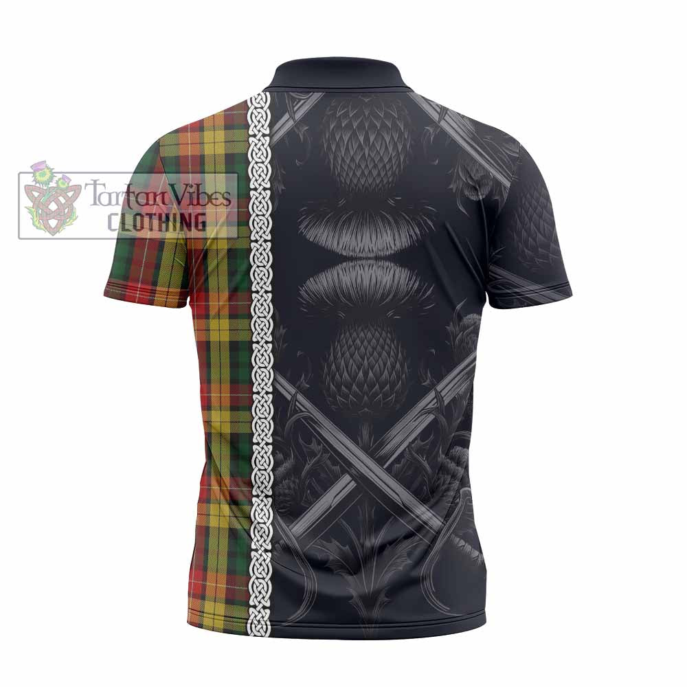 Tartan Vibes Clothing Buchanan Tartan Zipper Polo Shirt with Family Crest Cross Sword Thistle Celtic Vibes