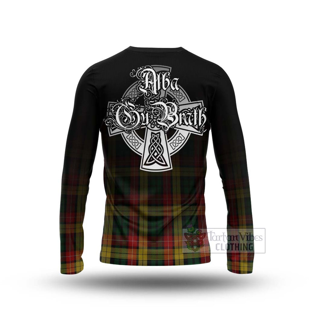 Tartan Vibes Clothing Buchanan Tartan Long Sleeve T-Shirt Featuring Alba Gu Brath Family Crest Celtic Inspired