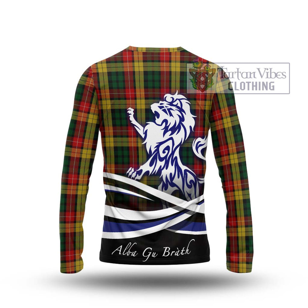 Buchanan Tartan Long Sleeve T-Shirt with Alba Gu Brath Regal Lion Emblem - Tartanvibesclothing Shop