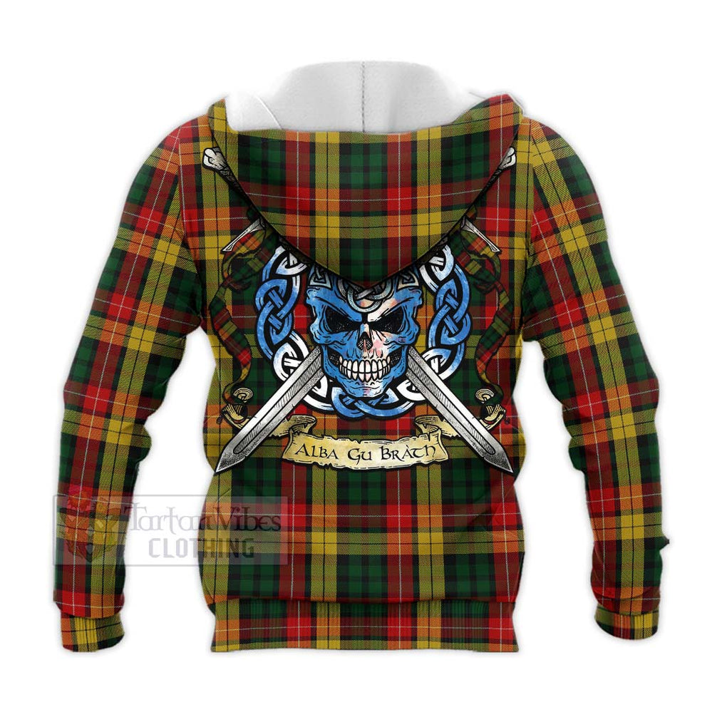 Tartan Vibes Clothing Buchanan Tartan Knitted Hoodie with Family Crest Celtic Skull Style