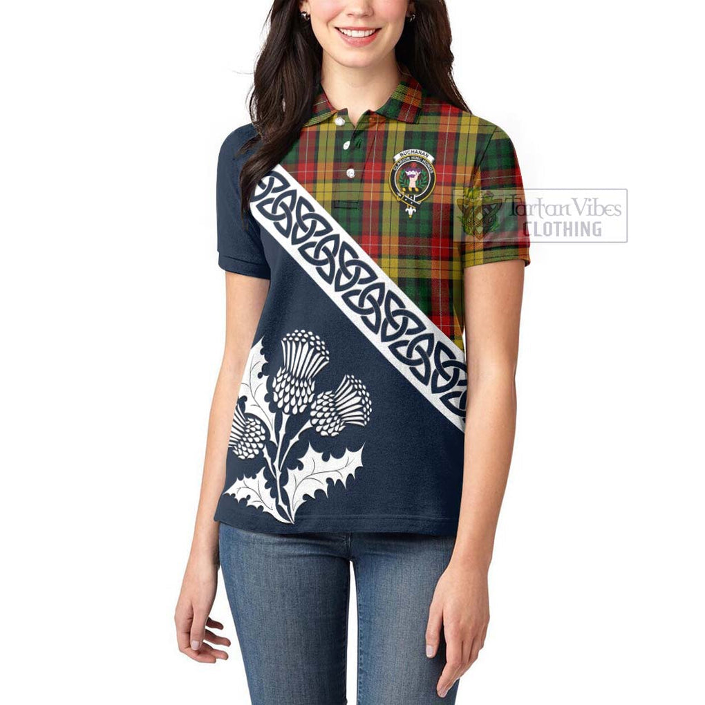 Tartan Vibes Clothing Buchanan Tartan Women's Polo Shirt Featuring Thistle and Scotland Map