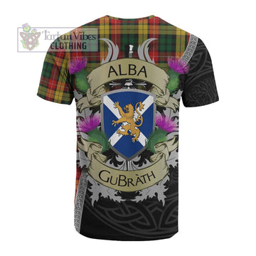 Buchanan Tartan Family Crest Cotton T-shirt Lion Rampant Royal Thistle Shield Celtic Inspired - Tartan Vibes Clothing