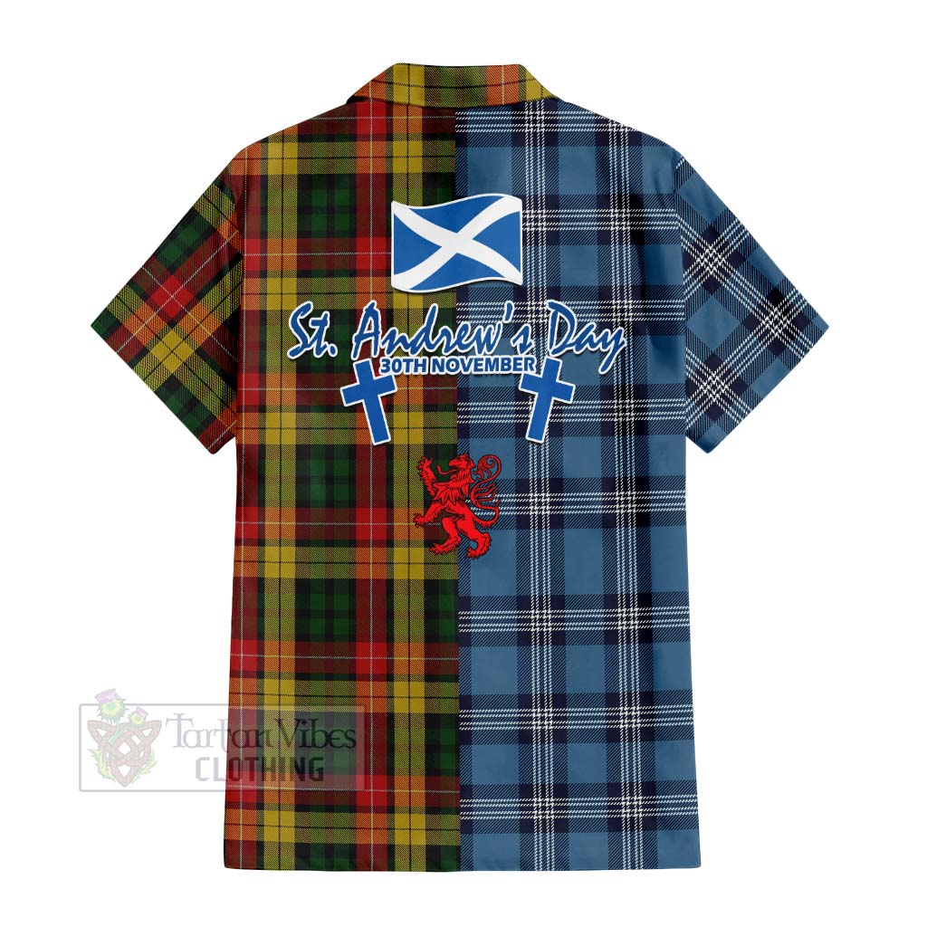 Tartan Vibes Clothing Buchanan Tartan Short Sleeve Button Shirt Happy St. Andrew's Day Half Tartan Style