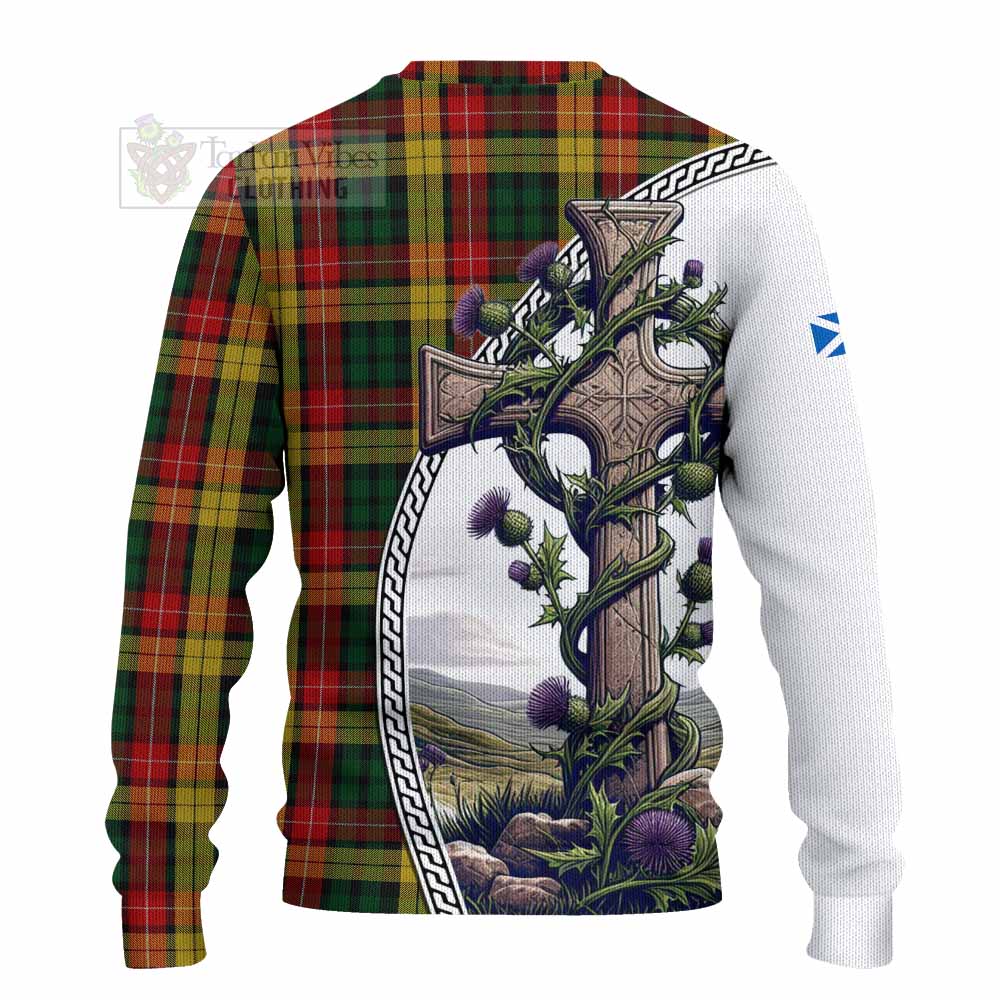 Tartan Vibes Clothing Buchanan Tartan Knitted Sweater with Family Crest and St. Andrew's Cross Accented by Thistle Vines