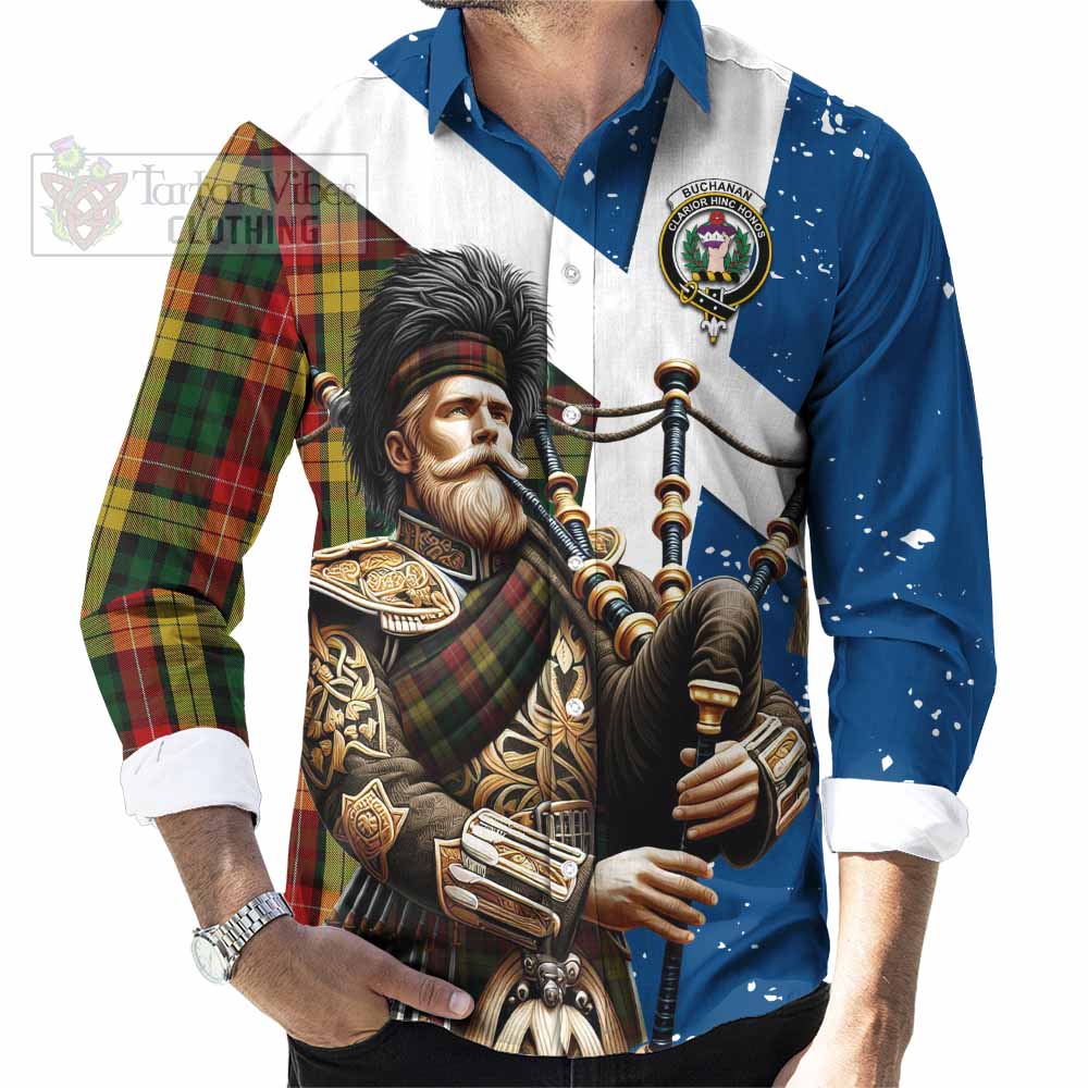 Tartan Vibes Clothing Buchanan Tartan Long Sleeve Button Shirt with Family Crest Scottish Bagpiper Vibes