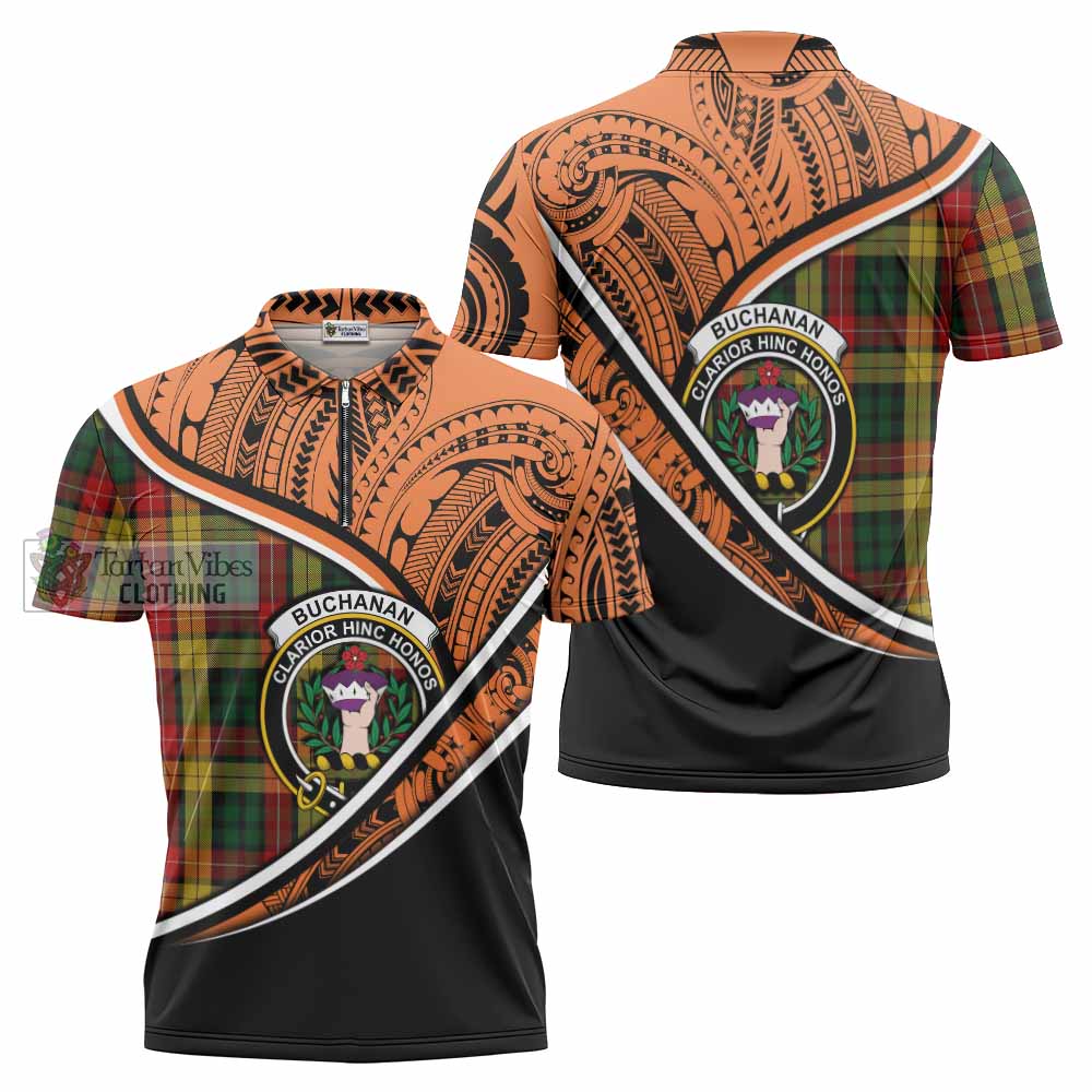 Tartan Vibes Clothing Buchanan Crest Tartan Zipper Polo Shirt with Maori Tattoo Style - Orange Version