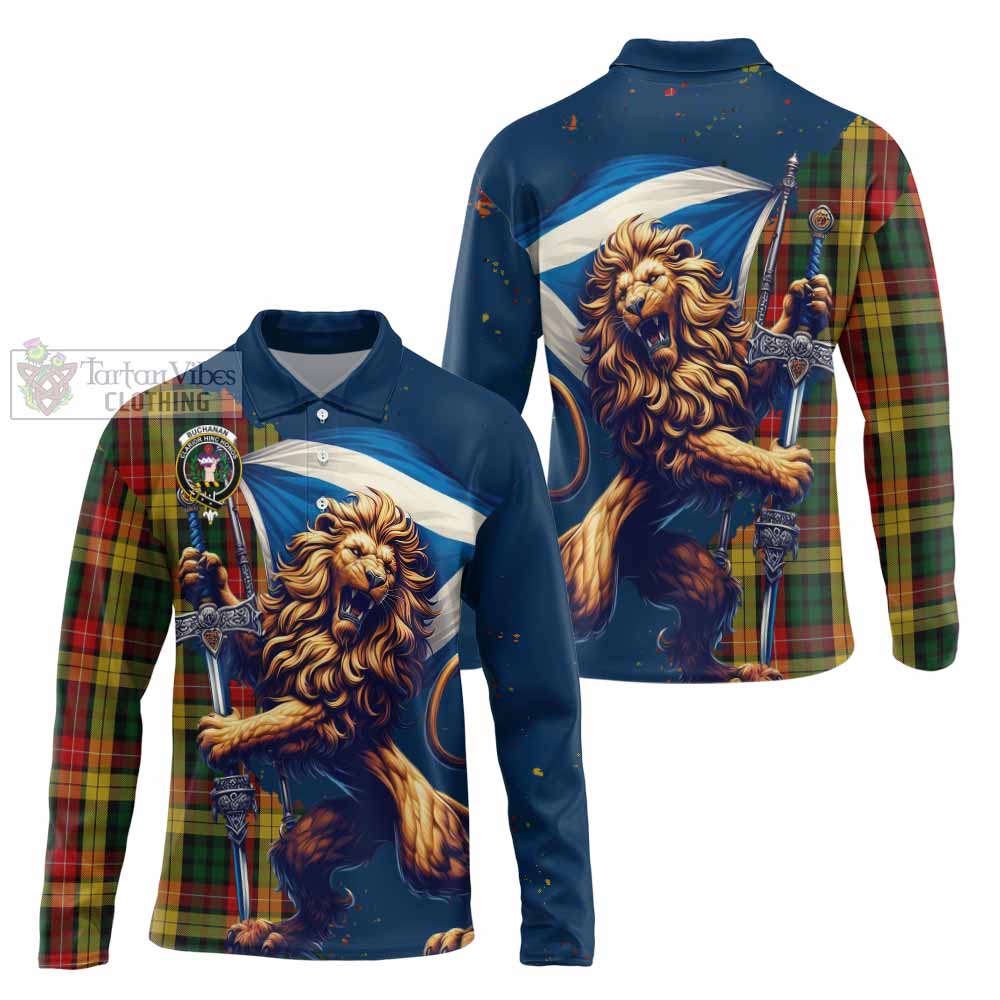 Tartan Vibes Clothing Buchanan Tartan Family Crest Long Sleeve Polo Shirt with Scottish Majestic Lion