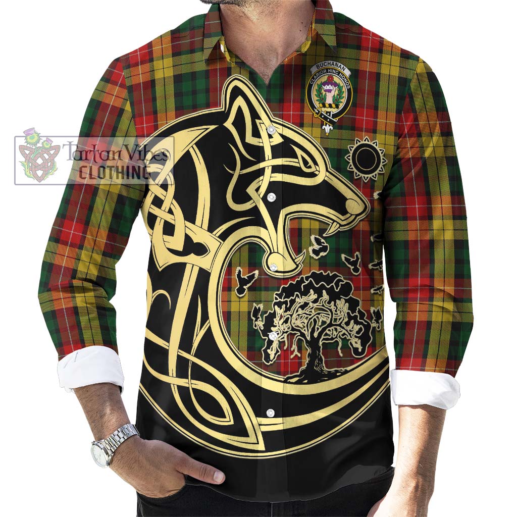 Buchanan Tartan Long Sleeve Button Shirt with Family Crest Celtic Wolf Style - Tartan Vibes Clothing