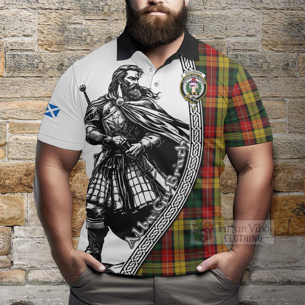 Tartan Vibes Clothing Buchanan Tartan Clan Crest Polo Shirt with Highlander Warrior Celtic Style