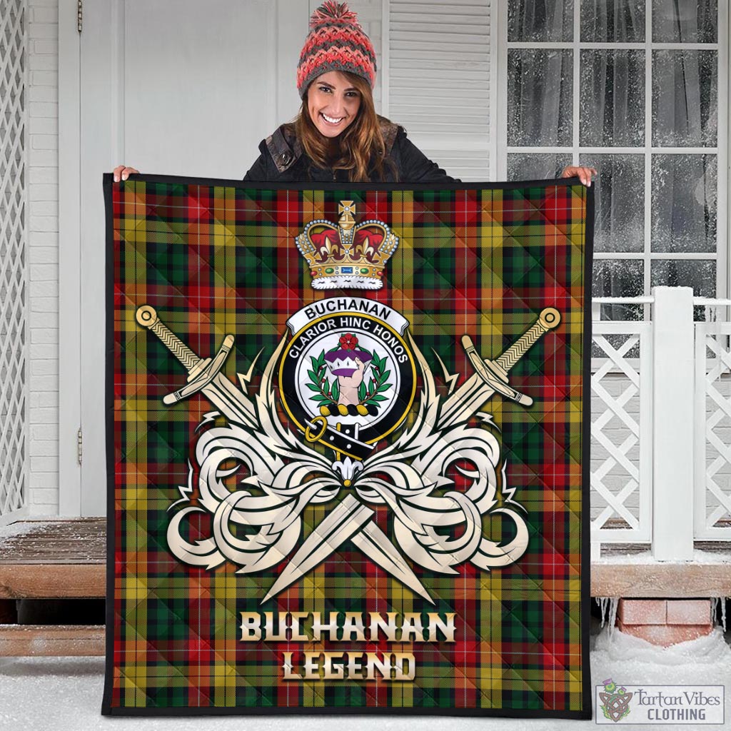 Tartan Vibes Clothing Buchanan Tartan Quilt with Clan Crest and the Golden Sword of Courageous Legacy