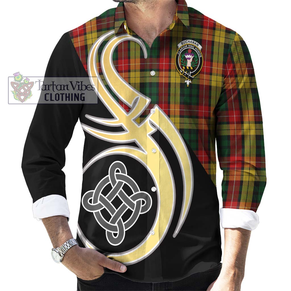 Buchanan Tartan Long Sleeve Button Shirt with Family Crest and Celtic Symbol Style - Tartan Vibes Clothing