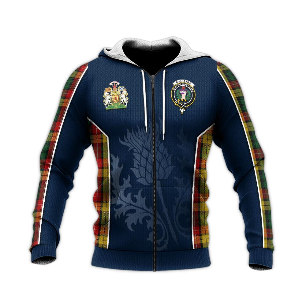 Tartan Vibes Clothing Buchanan Tartan Knitted Hoodie with Family Crest and Scottish Thistle Vibes Sport Style