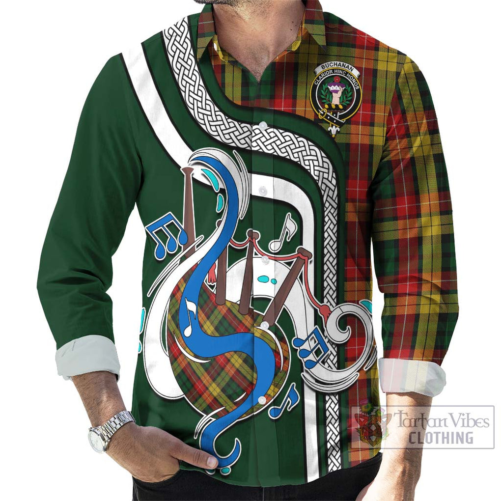 Buchanan Tartan Long Sleeve Button Shirt with Epic Bagpipe Style - Tartanvibesclothing Shop