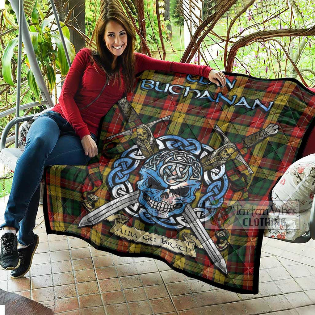 Tartan Vibes Clothing Buchanan Tartan Quilt with Celtic Skull Alba Gu Brath Style