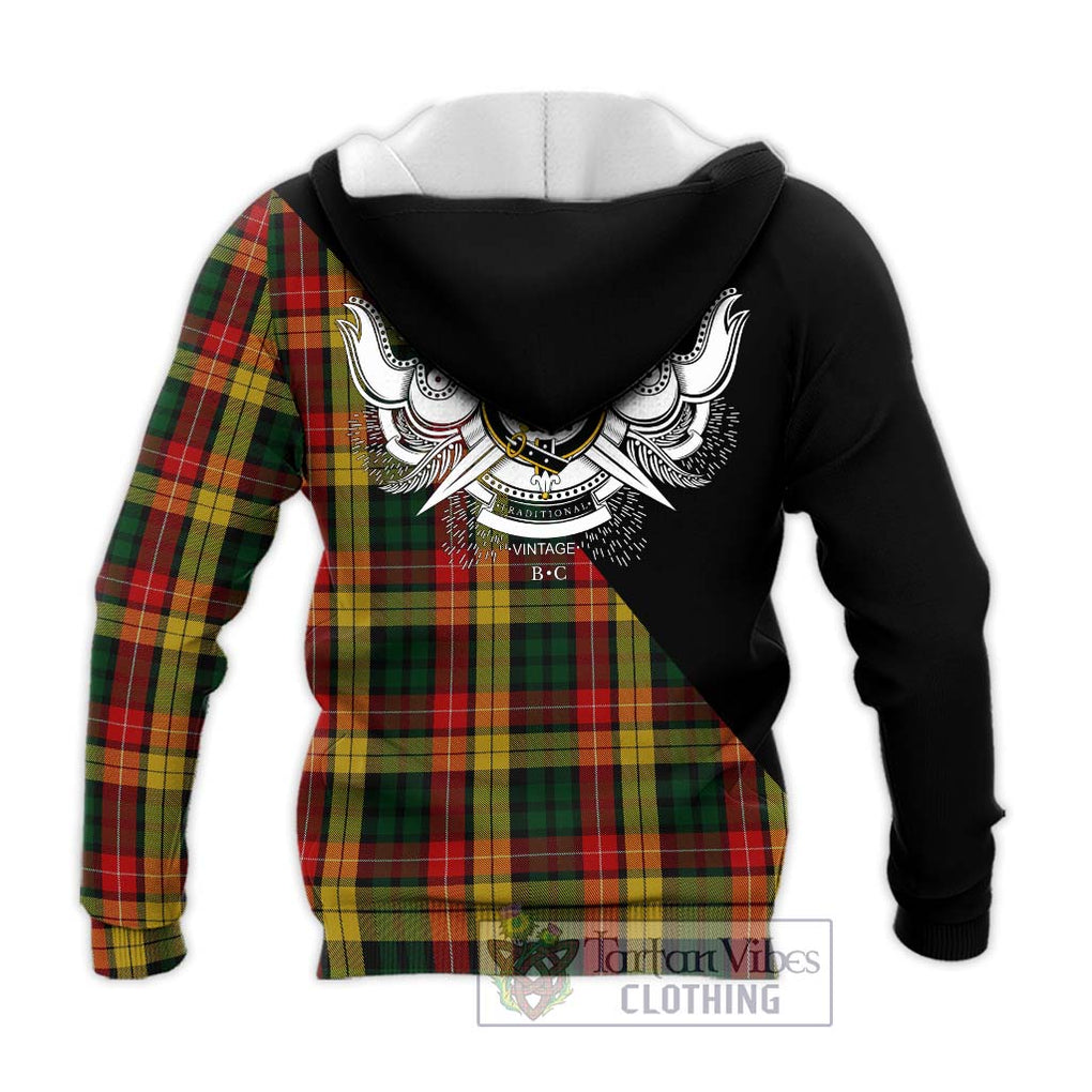 Buchanan Tartan Knitted Hoodie with Family Crest and Military Logo Style - Tartanvibesclothing Shop