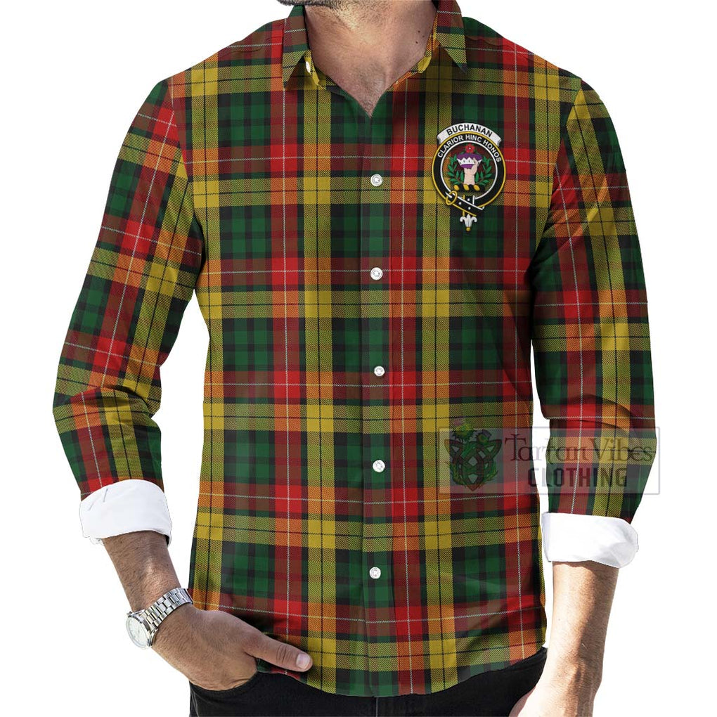 Tartan Vibes Clothing Buchanan Tartan Long Sleeve Button Shirt with Family Crest and Bearded Skull Holding Bottles of Whiskey