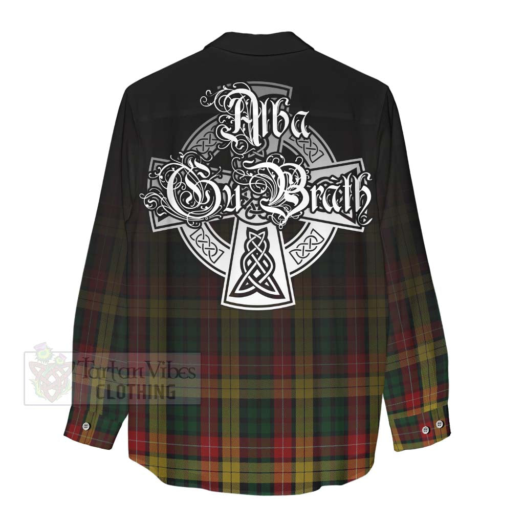 Tartan Vibes Clothing Buchanan Tartan Women's Casual Shirt Featuring Alba Gu Brath Family Crest Celtic Inspired