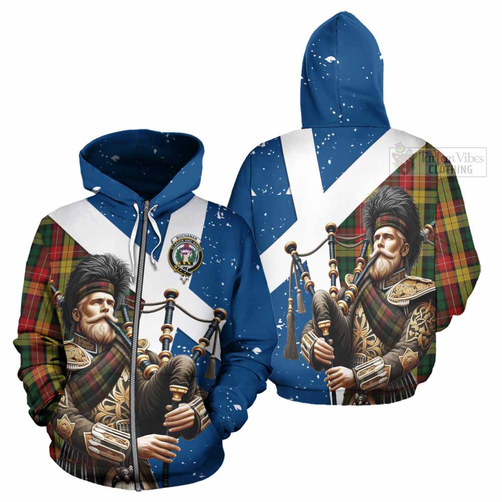 Tartan Vibes Clothing Buchanan Tartan Hoodie with Family Crest Scottish Bagpiper Vibes