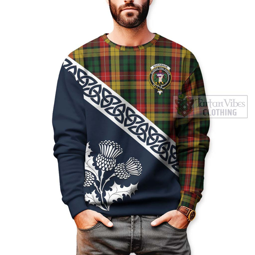 Tartan Vibes Clothing Buchanan Tartan Sweatshirt Featuring Thistle and Scotland Map