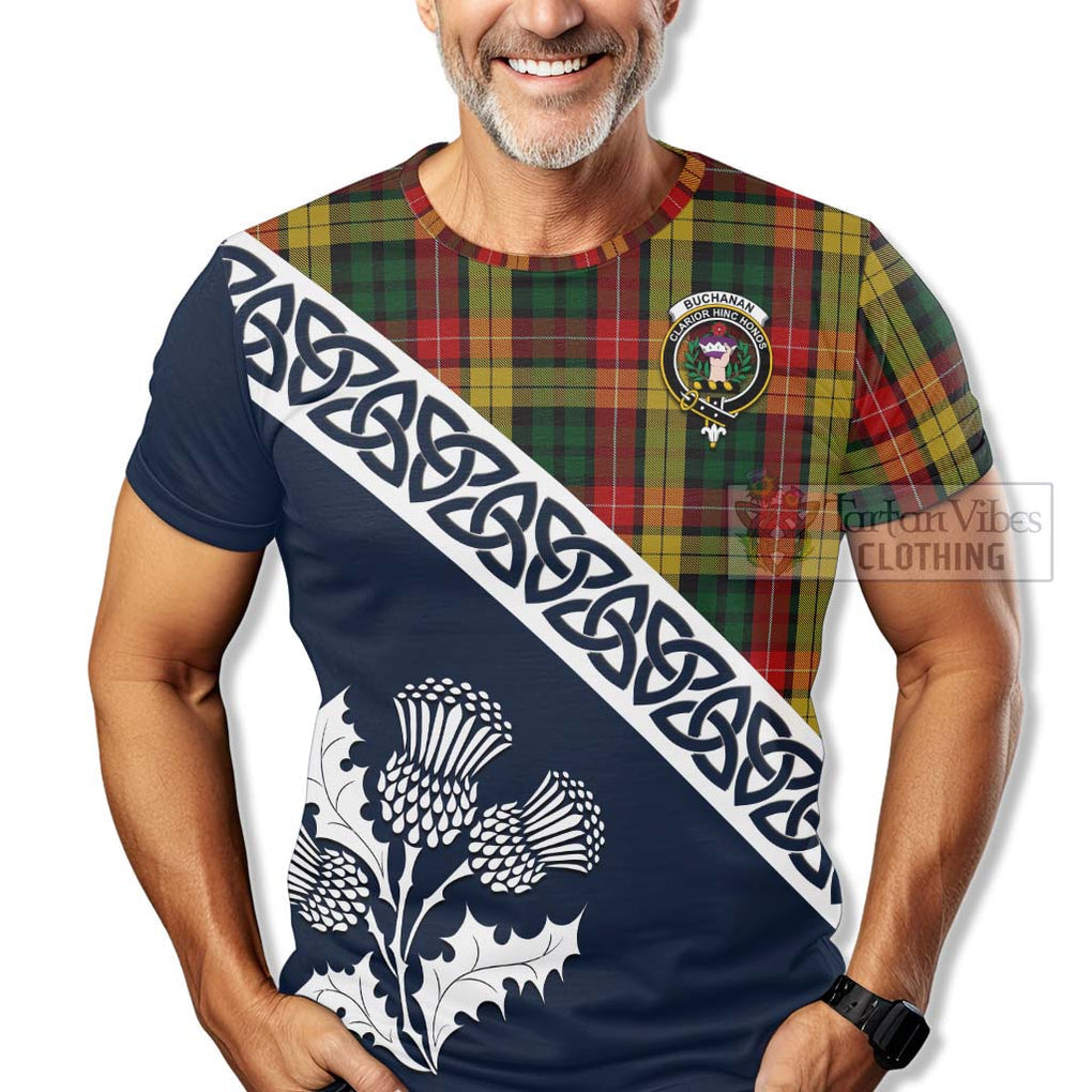 Buchanan Tartan T-Shirt Featuring Thistle and Scotland Map