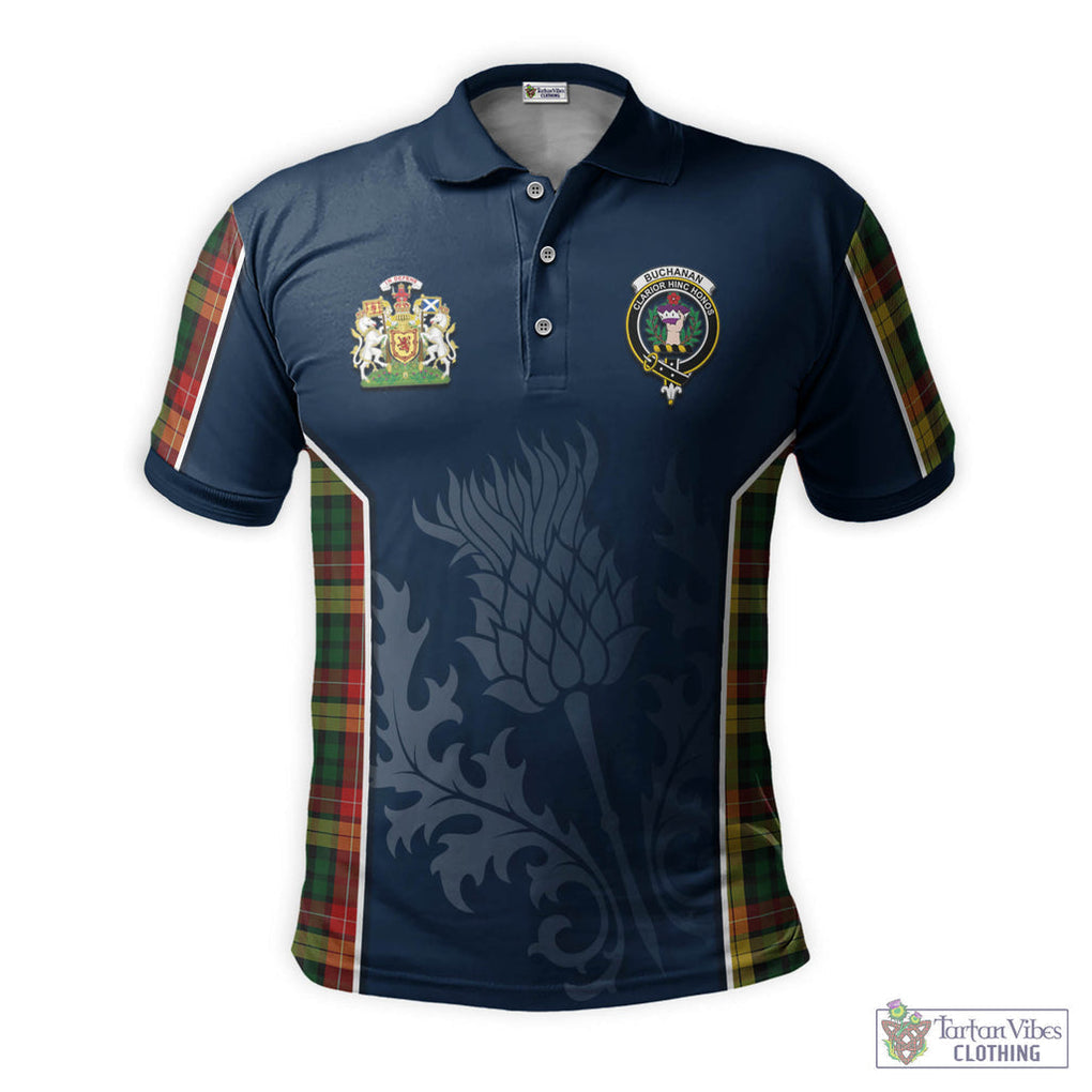 Tartan Vibes Clothing Buchanan Tartan Men's Polo Shirt with Family Crest and Scottish Thistle Vibes Sport Style