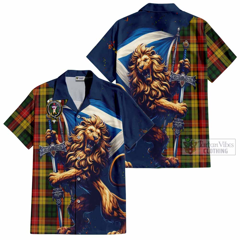 Tartan Vibes Clothing Buchanan Tartan Family Crest Short Sleeve Button Shirt with Scottish Majestic Lion