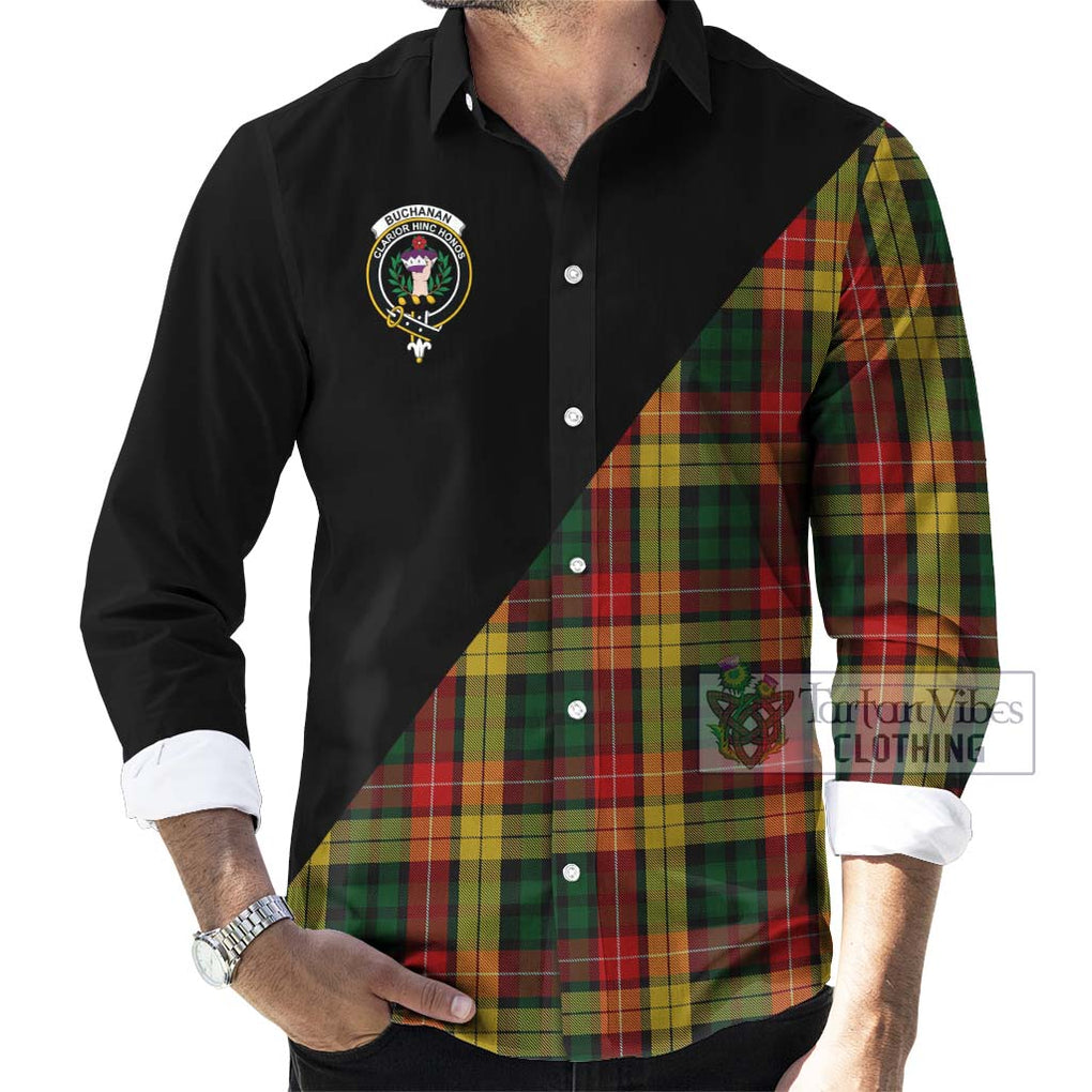 Buchanan Tartan Long Sleeve Button Shirt with Family Crest and Military Logo Style - Tartanvibesclothing Shop