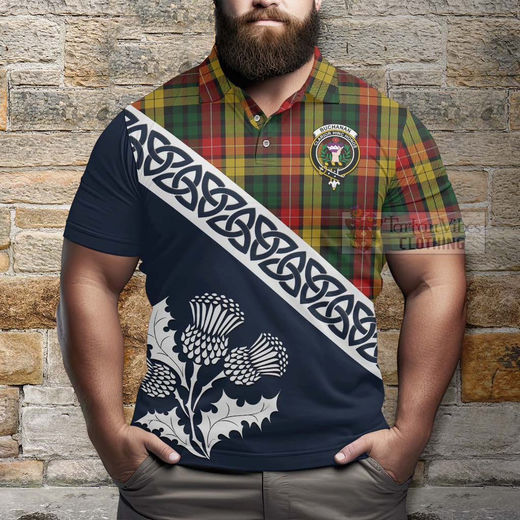 Buchanan Tartan Polo Shirt Featuring Thistle and Scotland Map