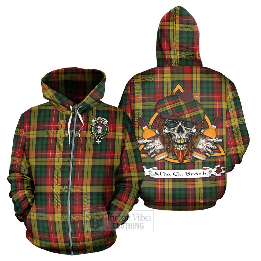 Tartan Vibes Clothing Buchanan Tartan Hoodie with Family Crest and Bearded Skull Holding Bottles of Whiskey