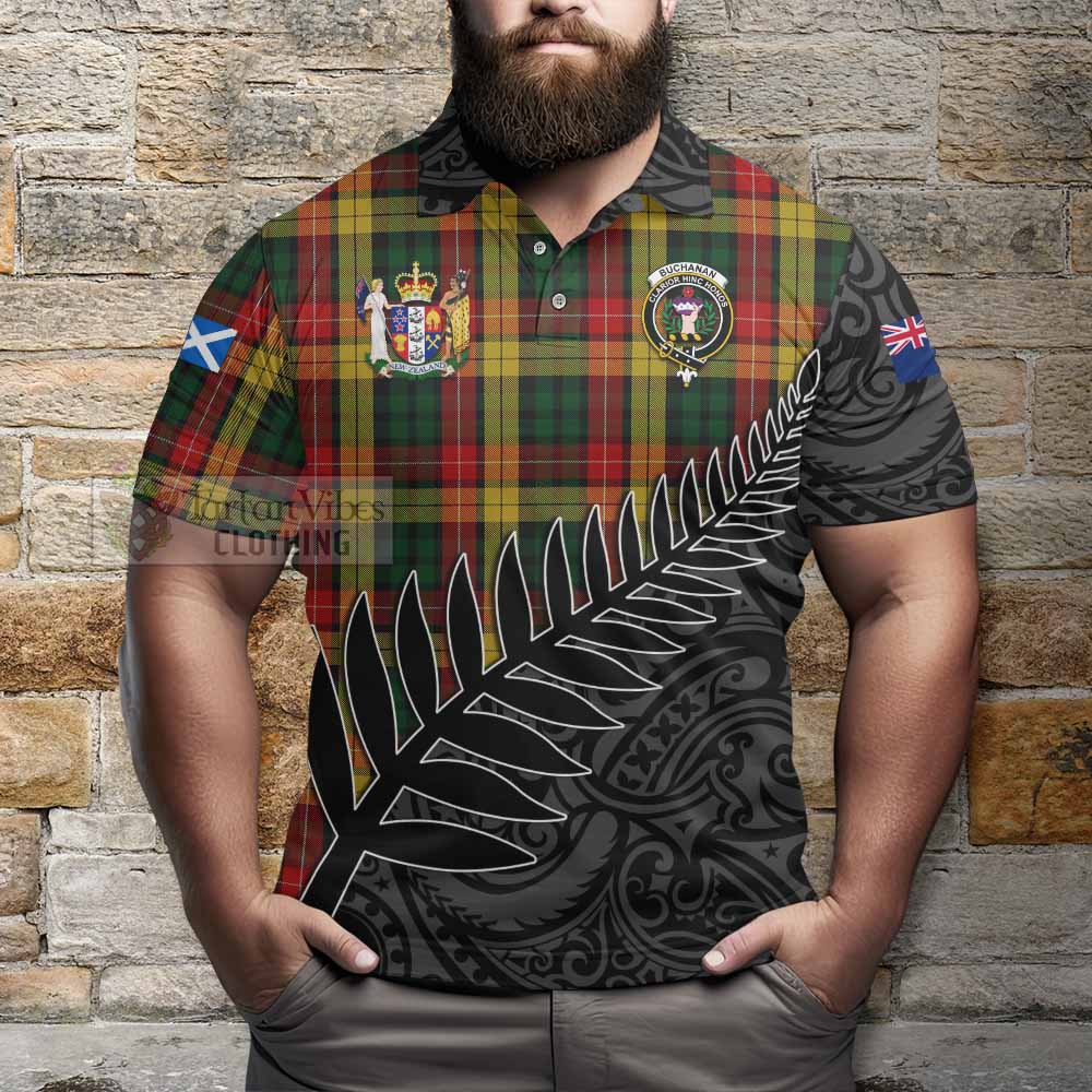 Tartan Vibes Clothing Buchanan Crest Tartan Polo Shirt with New Zealand Silver Fern Half Style