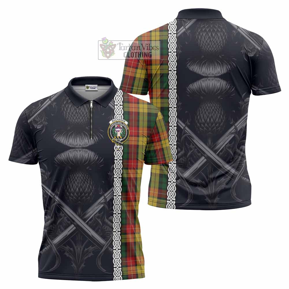 Tartan Vibes Clothing Buchanan Tartan Zipper Polo Shirt with Family Crest Cross Sword Thistle Celtic Vibes