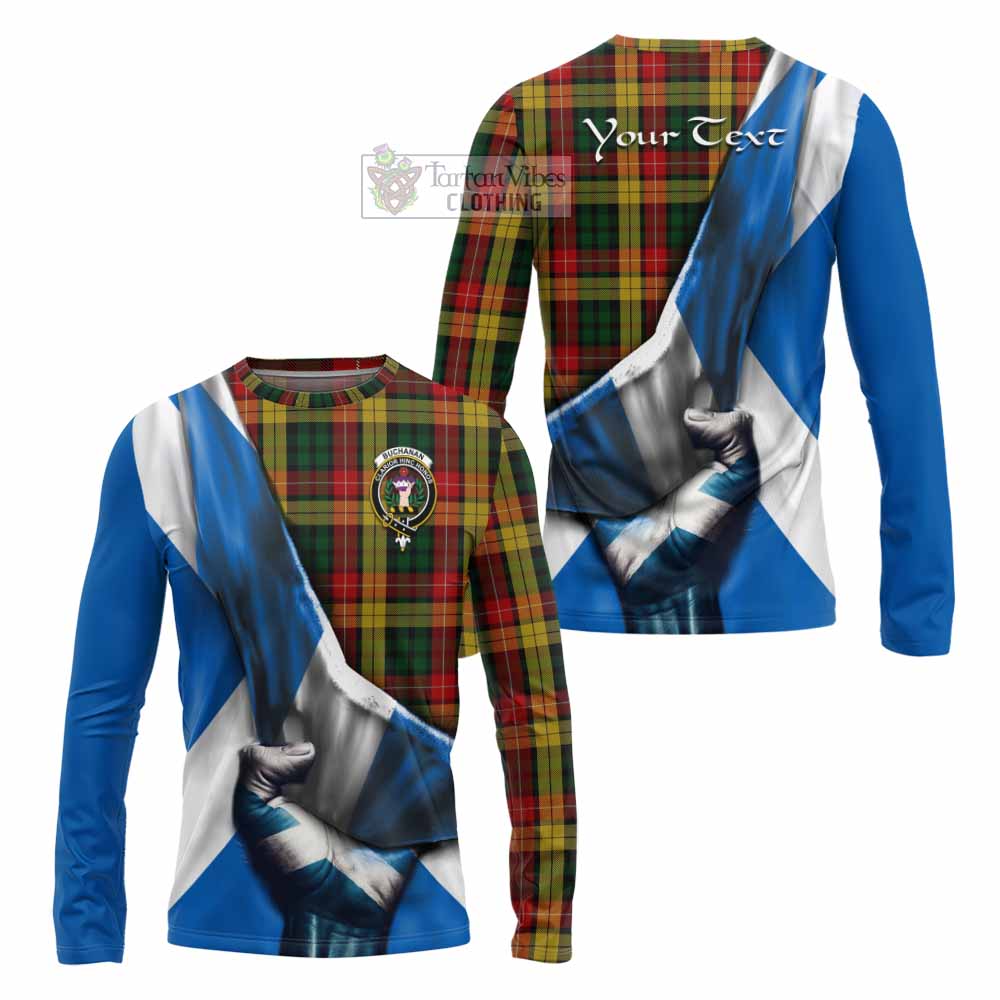 Tartan Vibes Clothing Buchanan Tartan Long Sleeve T-Shirt with Family Crest Scotland Patriotic Style