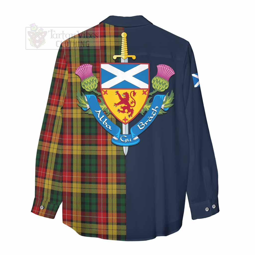 Tartan Vibes Clothing Buchanan Tartan Women's Casual Shirt Alba with Scottish Lion Royal Arm Half Style