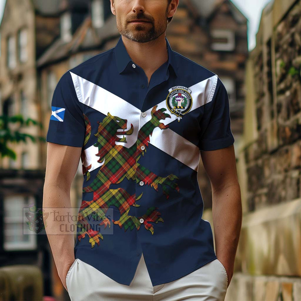 Tartan Vibes Clothing Buchanan Tartan Lion Rampant Short Sleeve Button Shirt – Proudly Display Your Heritage with Alba Gu Brath and Clan Name