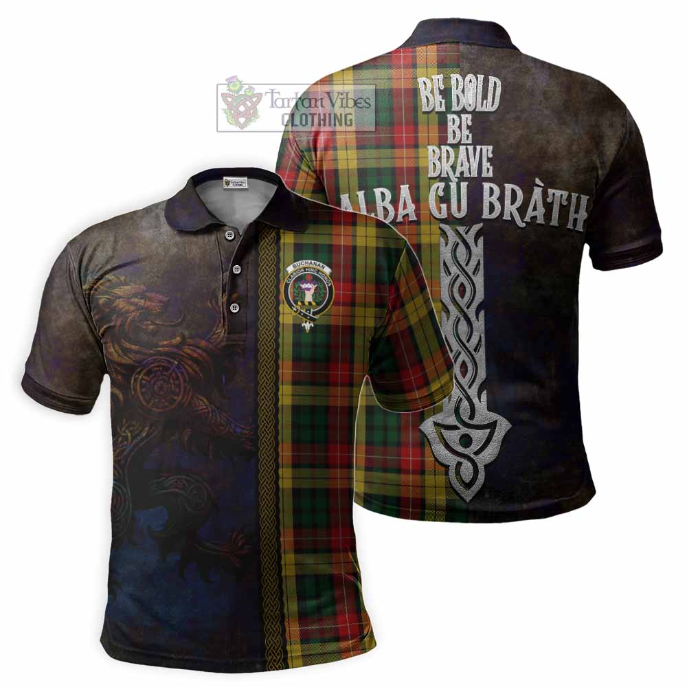 Buchanan Tartan Family Crest Polo Shirt Alba Gu Brath Be Brave Lion Ancient Style - Tartan Vibes Clothing